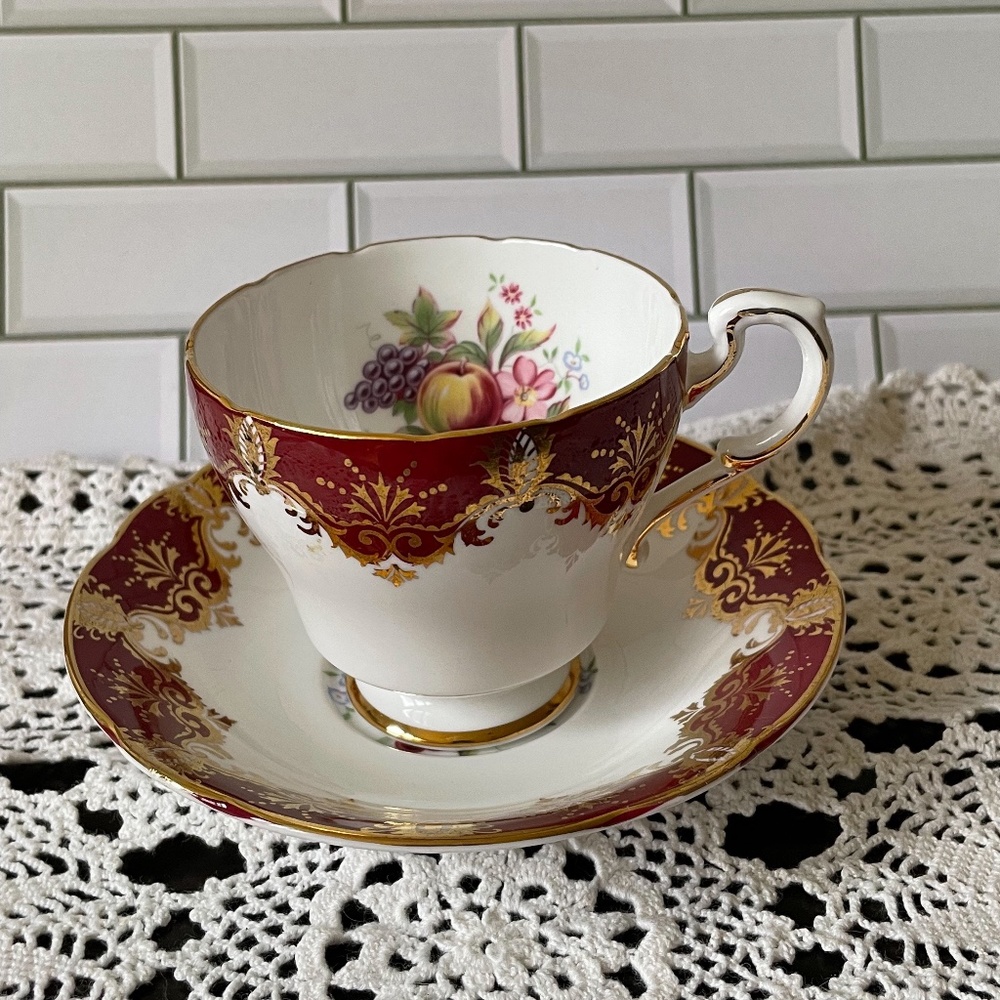 Paragon red and gold saucer and tea cup / fruit image Bone China made in England